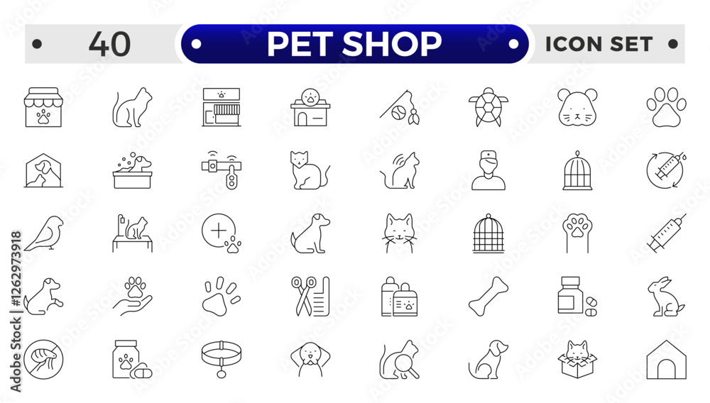 Set of pet shop icons, dog, cat, puppy, animals. Pet, vet, pet shop, types of pets - minimal thin line web icon set. Outline icons collection.