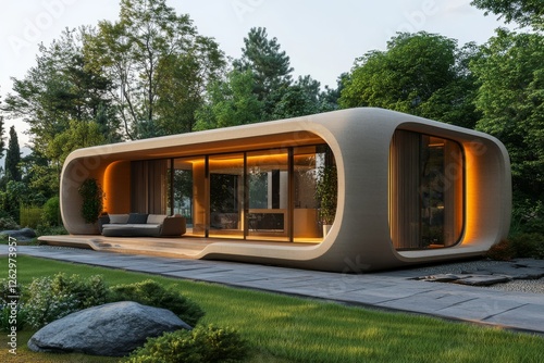Modern Curvilinear Concrete House Design in Lush Green Landscape