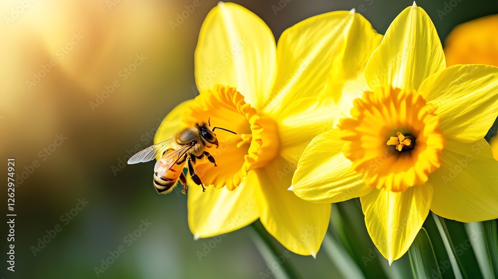 Closeup of honeybees collecting nectar from bright yellow daffodils in a sunlit garden Closeup of honeybees collecting nectar from bright yellow daffodils in a sunlit garden