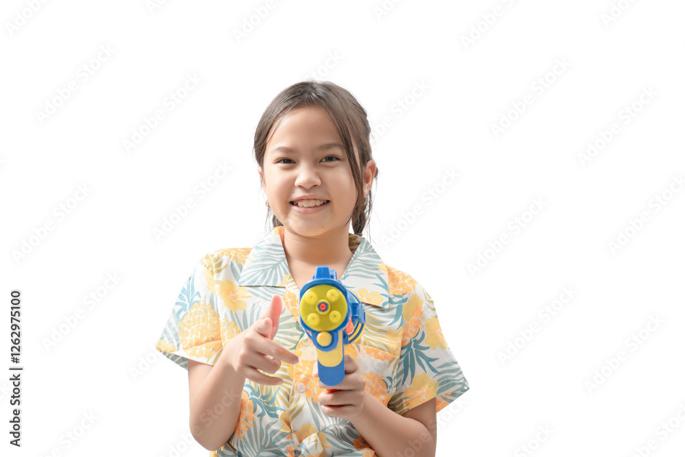A young girl is holding a toy gun and smiling A young girl is holding a toy gun and smiling