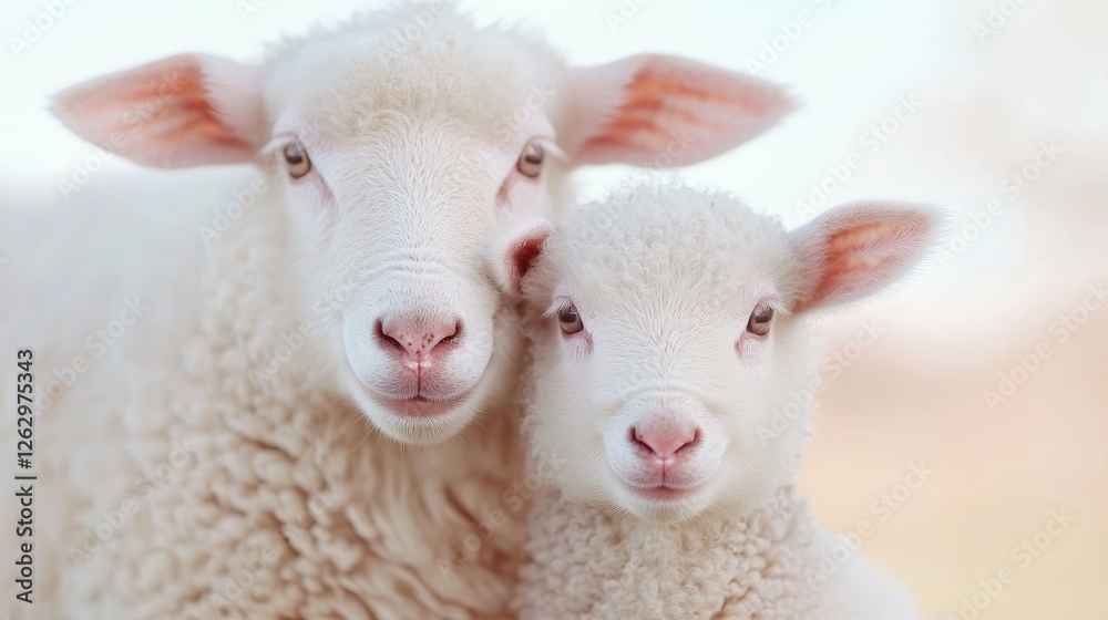 Sheep and lamb cuddling, pasture background, springtime, farm animal image Sheep and lamb cuddling, pasture background, springtime, farm animal image
