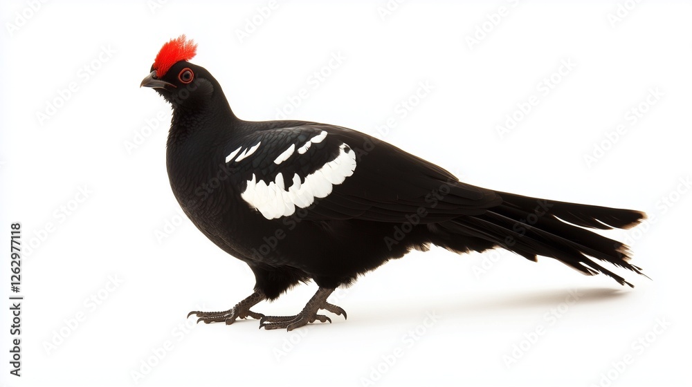 Fototapeta premium Black and white pheasant with red crest on white background.