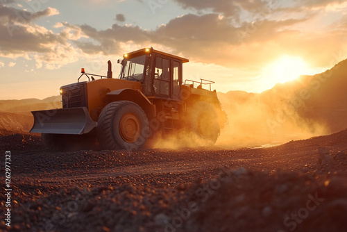 Heavy-duty earthmover working at sunset, creating dust.