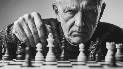 Elderly man making a chess move with intense concentration. photo