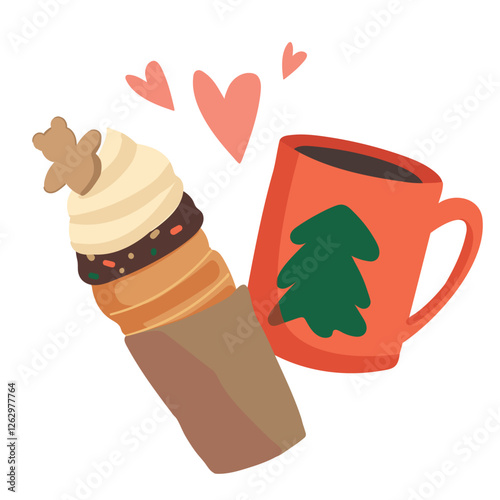 cute illustration with a mug of coffee and trdelnik. delicious winter traditional food, chimney cake