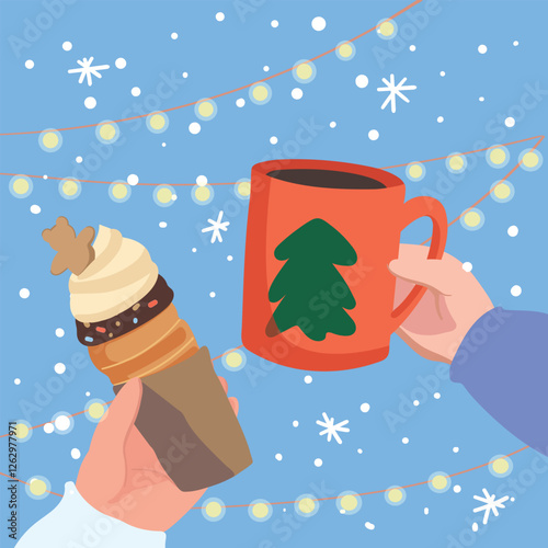 cute illustration with a mug of coffee and trdelnik on a background of the sky with snowflakes. delicious winter traditional food, chimney cake