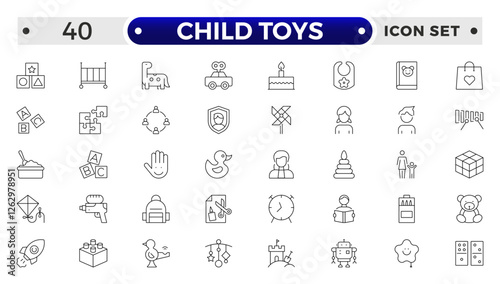 Child Toys, Baby, children and child outline icon set. Newborn, diaper, baby bottle, crib, pacifier, toy, pin, bib, first days of life, supplies, healthcare, transportation and safety.