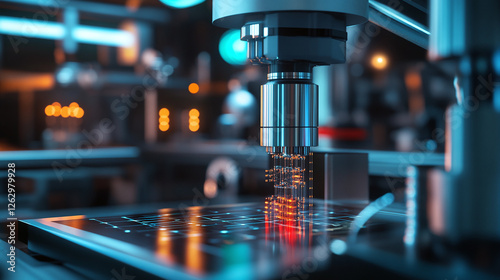 A futuristic, AI-powered quantum computing lab with autonomous systems running in the background