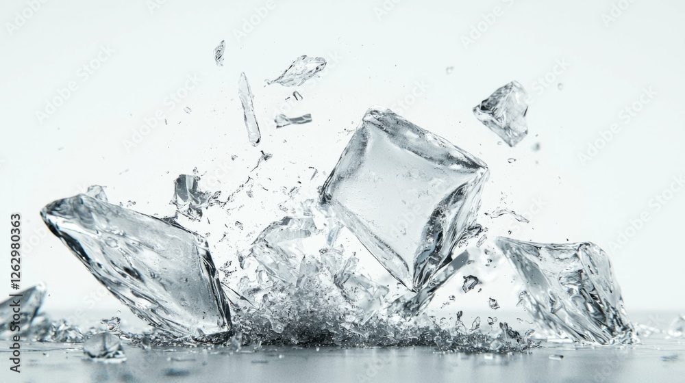 Ice Cubes Shattering and Splashing Water on a White Background Ice Cubes Shattering and Splashing Water on a White Background
