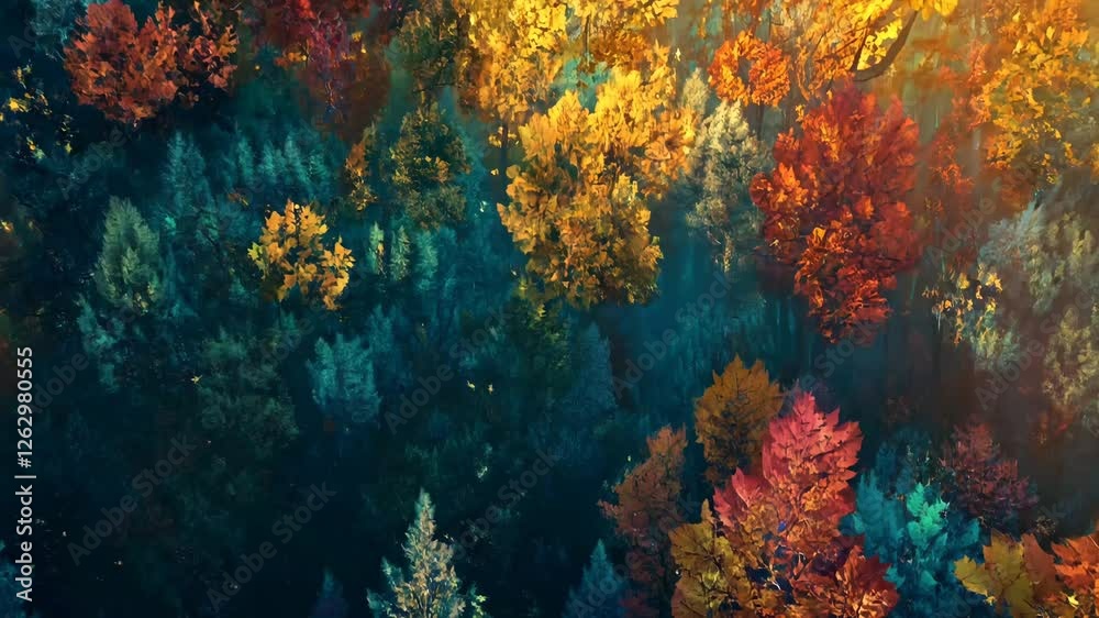 A mesmerizing aerial view of a dense autumn forest, showcasing a stunning blend of golden, red, orange, and teal foliage. The rich contrast and warm sunlight create a dreamy, almost painterly effect A mesmerizing aerial view of a dense autumn forest, showcasing a stunning blend of golden, red, orange, and teal foliage. The rich contrast and warm sunlight create a dreamy, almost painterly effect