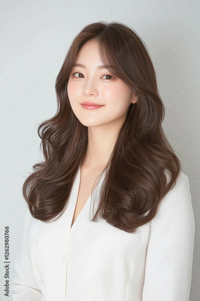 Portrait of a Smiling Woman with Long Flowing Hair in a White Shirt Portrait of a Smiling Woman with Long Flowing Hair in a White Shirt