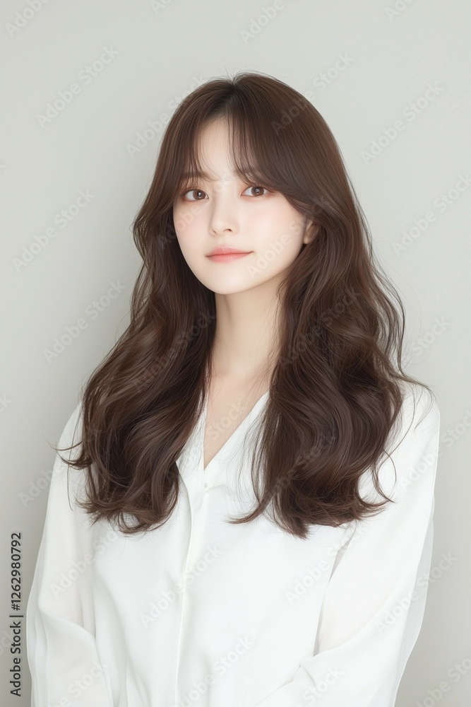 Portrait of a Smiling Woman with Long Flowing Hair in a White Shirt Portrait of a Smiling Woman with Long Flowing Hair in a White Shirt