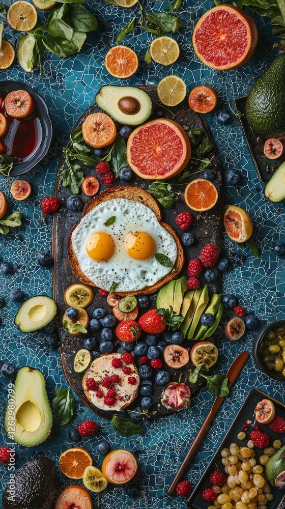 Colorful Breakfast Table with Fresh Fruits and Eggs on Wooden Board Colorful Breakfast Table with Fresh Fruits and Eggs on Wooden Board