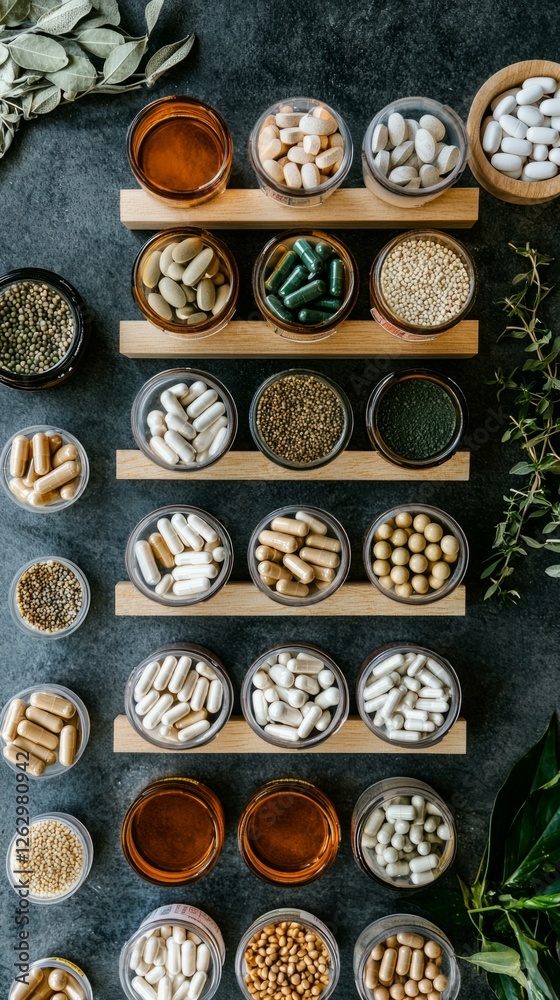 Fototapeta premium Variety of Natural Supplements and Herbal Remedies in Glass Containers