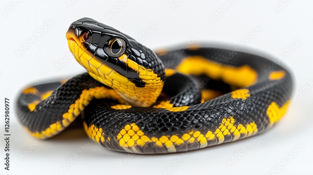 Coiled black and yellow snake with raised head on white background. Coiled black and yellow snake with raised head on white background.