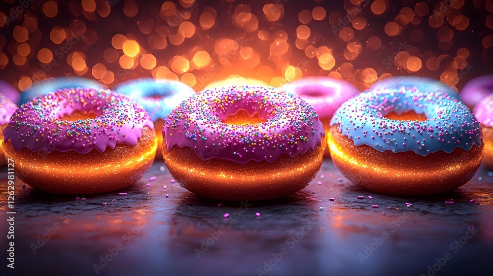 Radiant and Vibrant 3D Mini Donut Pattern with Glowing Frosting and Sprinkles in a Fun Repeating Design