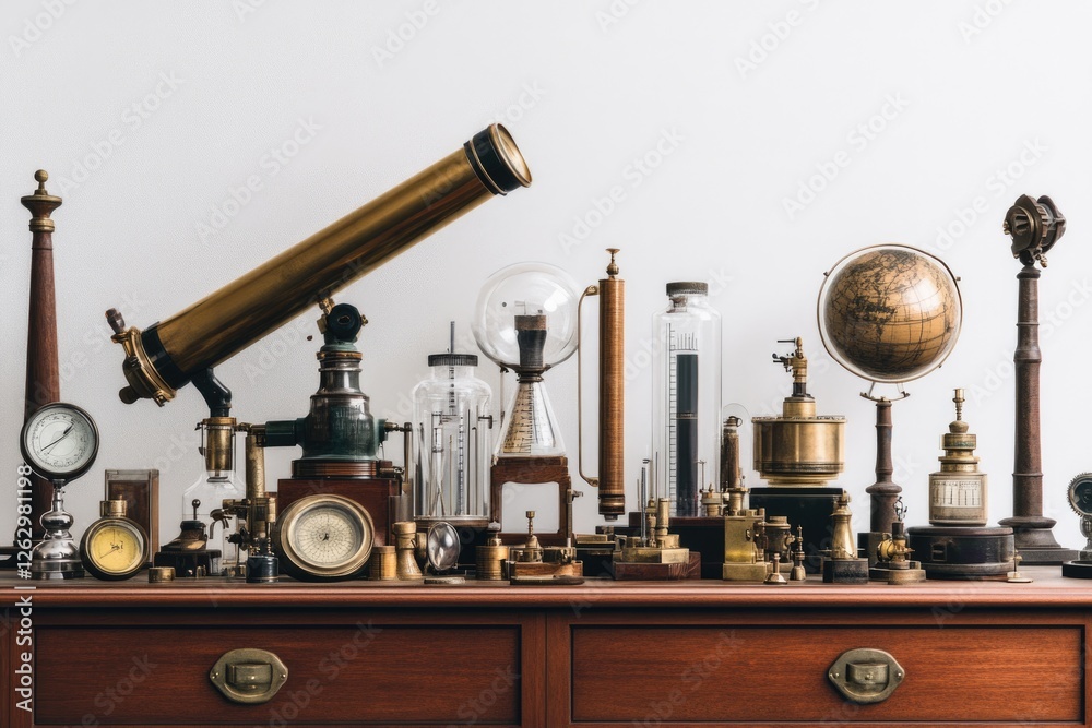 Fototapeta premium A collection of antique scientific instruments, including a telescope, globe, and various measuring devices, displayed on a wooden cabinet.