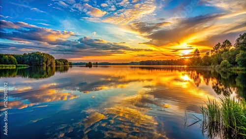 Wallpaper Mural Serene lake at dusk; golden light bathes the tranquil landscape, reflecting its beauty. Torontodigital.ca