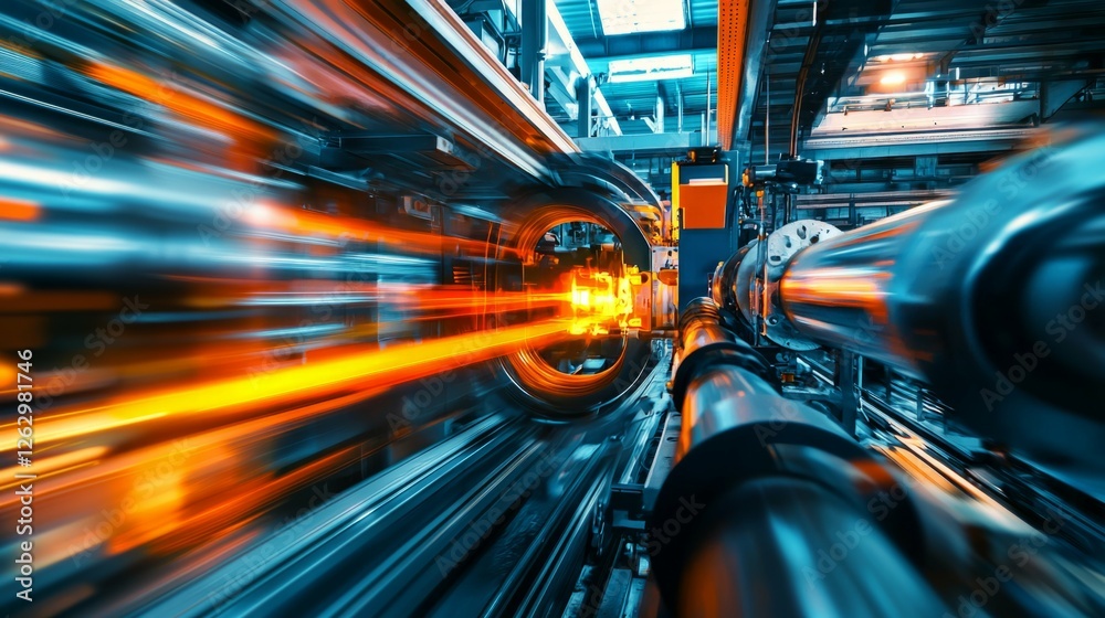 Fototapeta premium Dynamic Flow of Industrial Pipes with Light Trails in Factory Setting