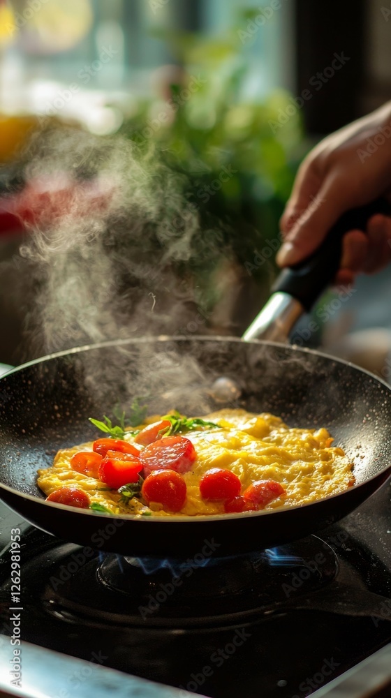 Freshly Cooked Omelette with Cherry Tomatoes in Pan on the Stove Freshly Cooked Omelette with Cherry Tomatoes in Pan on the Stove
