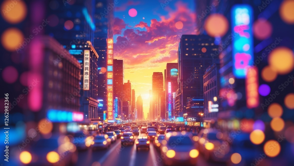 Sunset casting warm colors over a bustling city street filled with cars and glowing lights in the evening Sunset casting warm colors over a bustling city street filled with cars and glowing lights in the evening