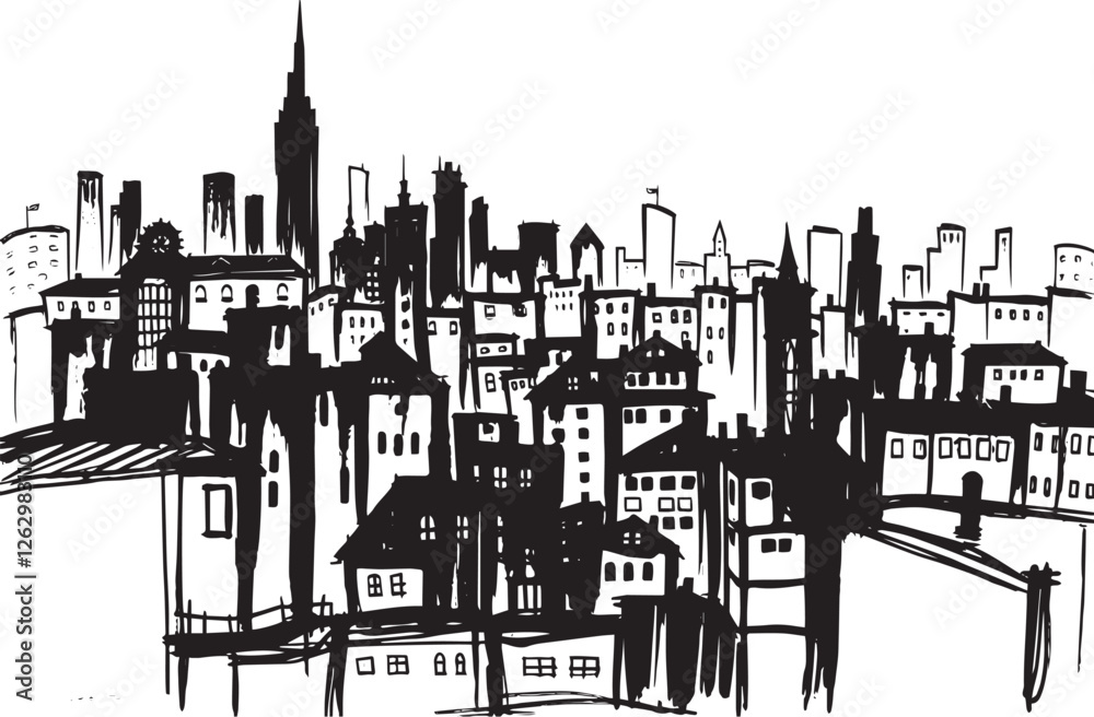 Obraz premium City landscape. Different buildings on street, outline cityscape hand sketch, flat houses. Hand drawn vector illustration