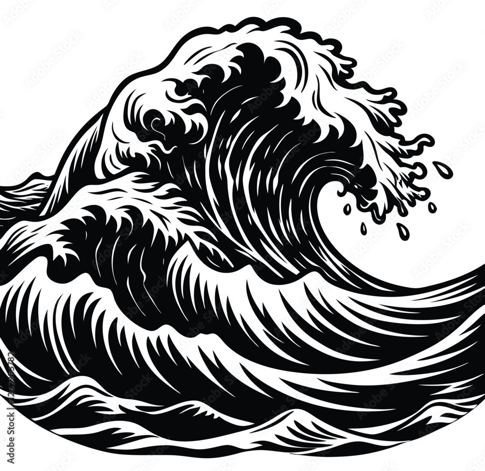 Obraz premium Ocean wave and sea wave crest sketch stock image minimalist line drawing vector illustration hand drawing design element for poster, emblem, banner, sign, and t-shirt.