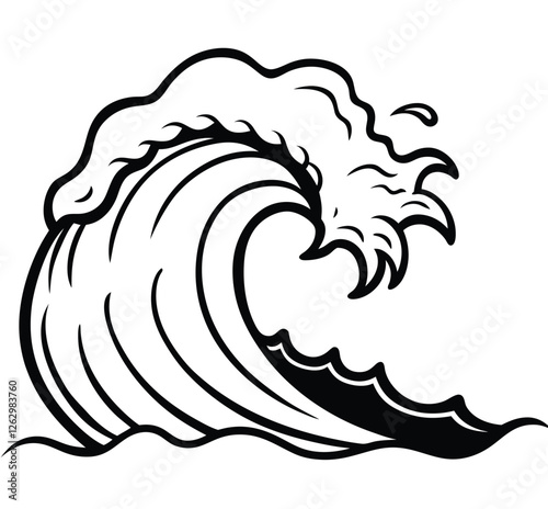 Ocean wave and sea wave crest sketch stock image minimalist line drawing vector illustration hand drawing design element for poster, emblem, banner, sign, and t-shirt. 