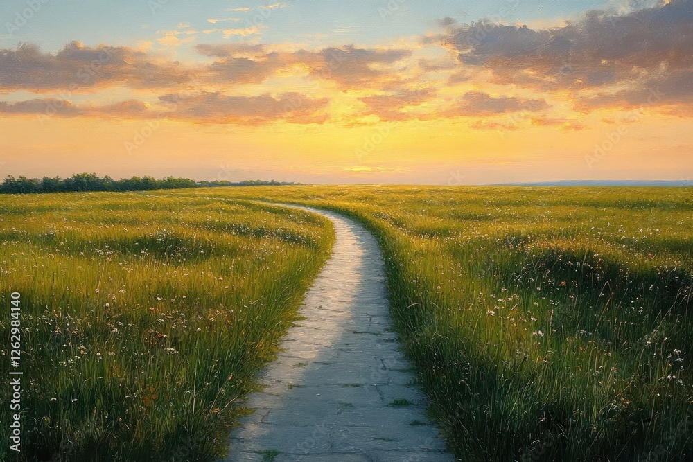 Winding Pathway Through Lush Green Fields at Golden Hour Winding Pathway Through Lush Green Fields at Golden Hour