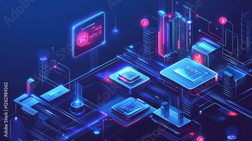 A futuristic cryptocurrency transaction system where digital assets are exchanged on a blockchain network