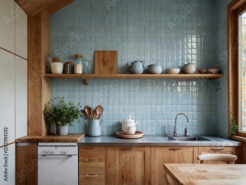 Rustic Kitchen With Light Blue Tile Backsplash And Wooden Cabinets