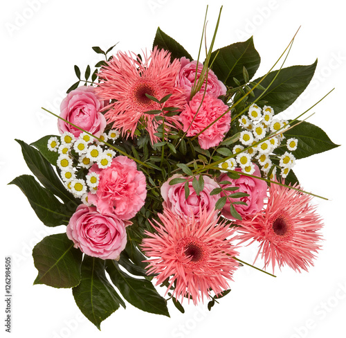 Fototapeta Naklejka Na Ścianę i Meble -  Pink flower bouquet, top view cut out isolated transparent background