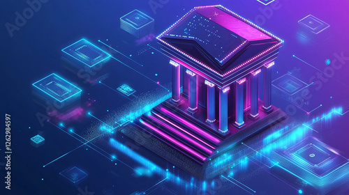 A futuristic decentralized bank with no physical location, operating on blockchain technology and digital currency