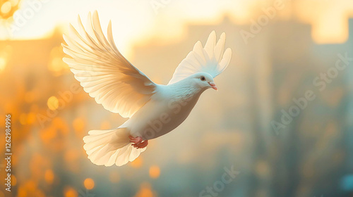 Colombe blanche en vol sur soleil couchant