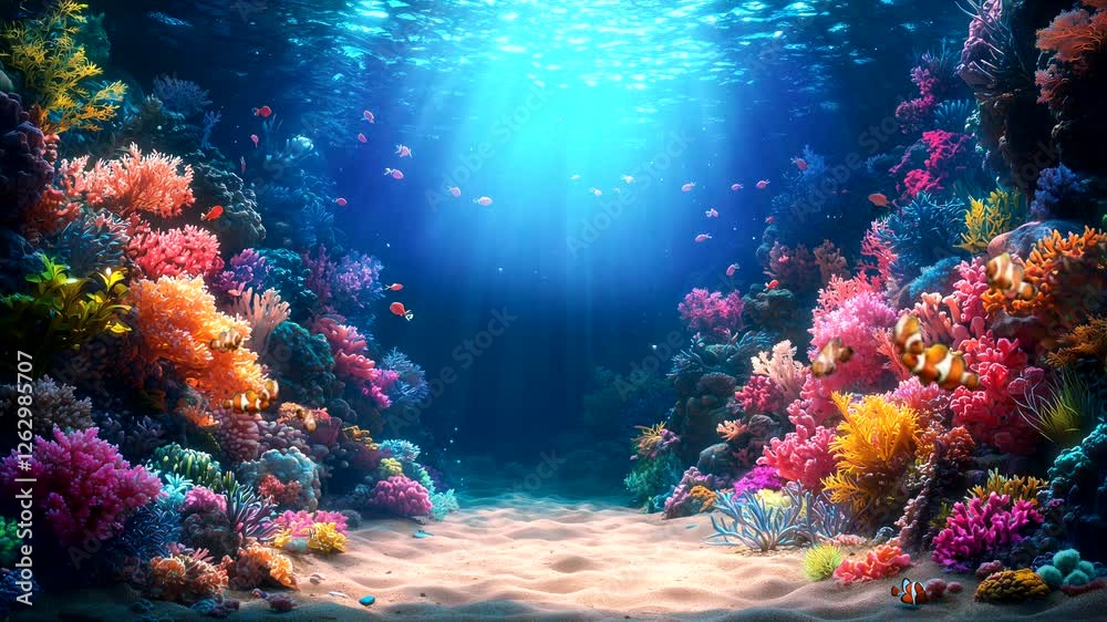 Colorful coral reef with marine life illuminated by sunbeams filtering through the clear blue ocean water. Underwater exploration concept. Seamless looping 4K time-lapse animation video background