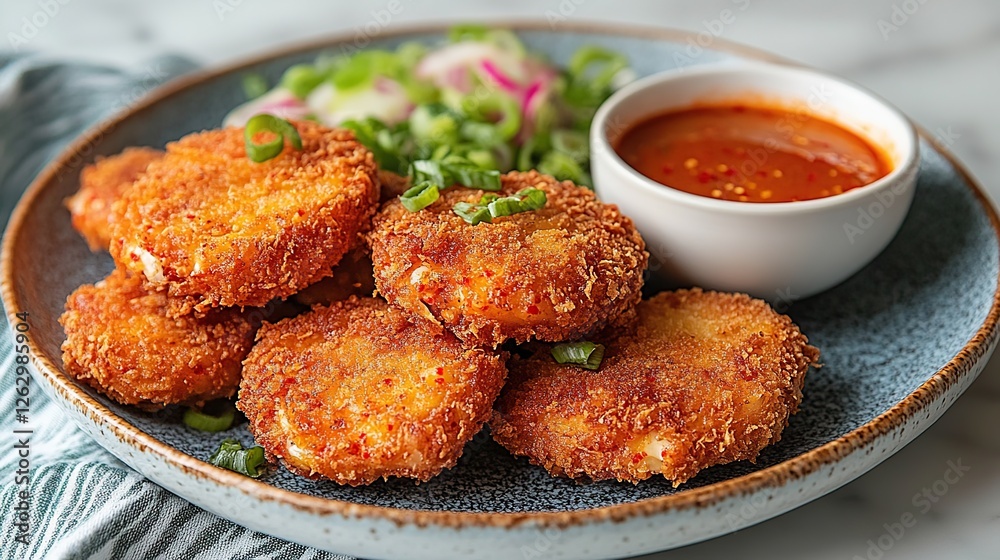 A platter of Korean spicy crab sticks with gochujang dipping sauce and crispy breading A platter of Korean spicy crab sticks with gochujang dipping sauce and crispy breading