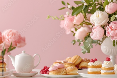 A charming tea setting with delicate pastries and a bouquet of pink flowers against a soft pink background.