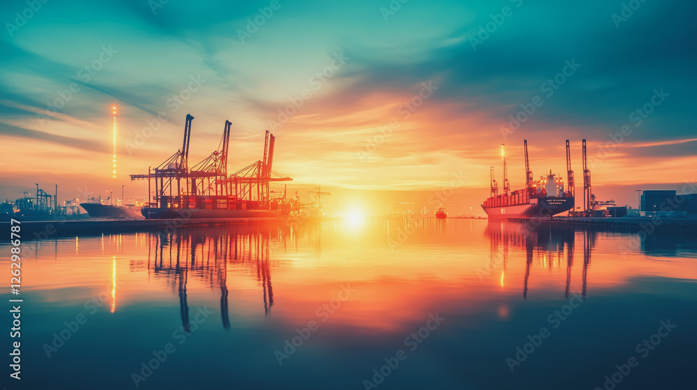 Obraz premium Container truck in ship port for business Logistics and transportation of Container Cargo ship and Cargo plane with working crane bridge in shipyard at sunrise, logistic import export and transport