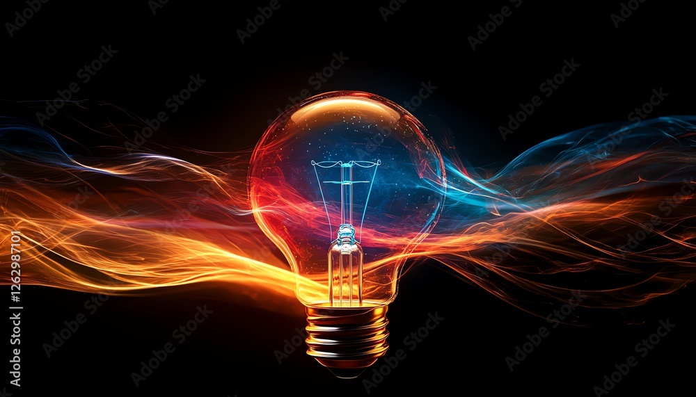 Bright glowing lightbulb emitting vibrant energy, surrounded by dynamic light waves, symbolizing futuristic technology, creativity, and progress, sharp details