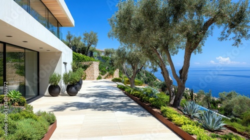 Modern villa patio, ocean view, Mediterranean landscaping, luxury real estate