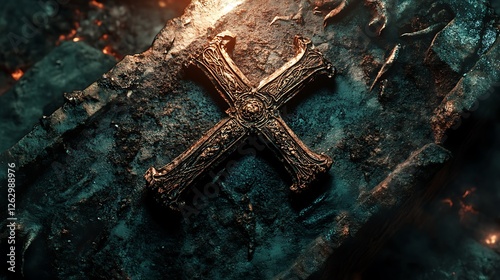 In the heart of hell, an intricately carved cross sits upon an ancient coffin adorned with demonic symbols and deep scars. The coffin is cracked and burned, its edges blackened by the intense 