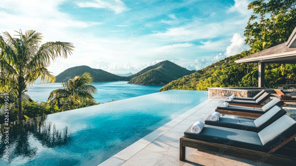 Serene Infinity Pool Overlooking Tropical Landscape and Ocean View Serene Infinity Pool Overlooking Tropical Landscape and Ocean View