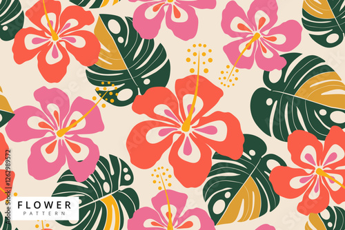 vector illustration of hibiscus seamless pattern design, tropical flower and summer season, background and wallpaper abstract design