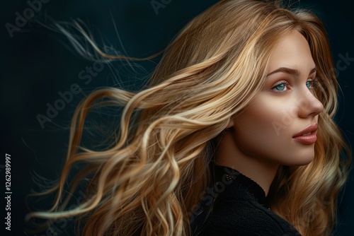 Young woman with flowing blonde hair close-up. Neural network AI generated