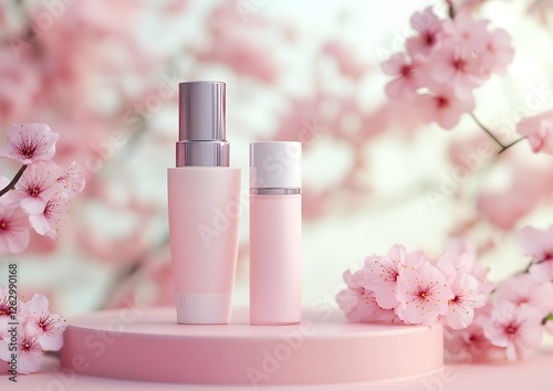 Set of cosmetic tube and jar with spring podium background
