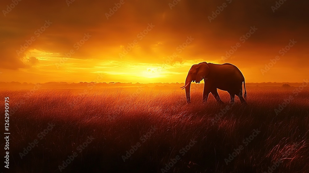 African Elephant Silhouette at Sunset in Savanna Grassland African Elephant Silhouette at Sunset in Savanna Grassland