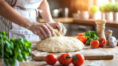 A person kneading fresh dough on a wooden countertop surrounded by vibrant vegetables, including ripe tomatoes and herbs, emphasizing a wholesome and hearty cooking experience in a sunlit kitchen.