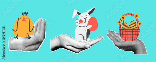 Set of vintage hands with dots with Easter traditional hand drawn symbols, bunny, basket and chicken.