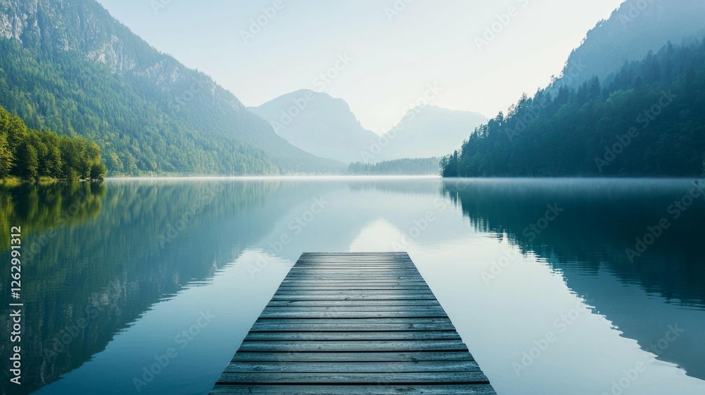 Serene Dock on Calm Lake Surrounded by Lush Mountain Landscape Serene Dock on Calm Lake Surrounded by Lush Mountain Landscape