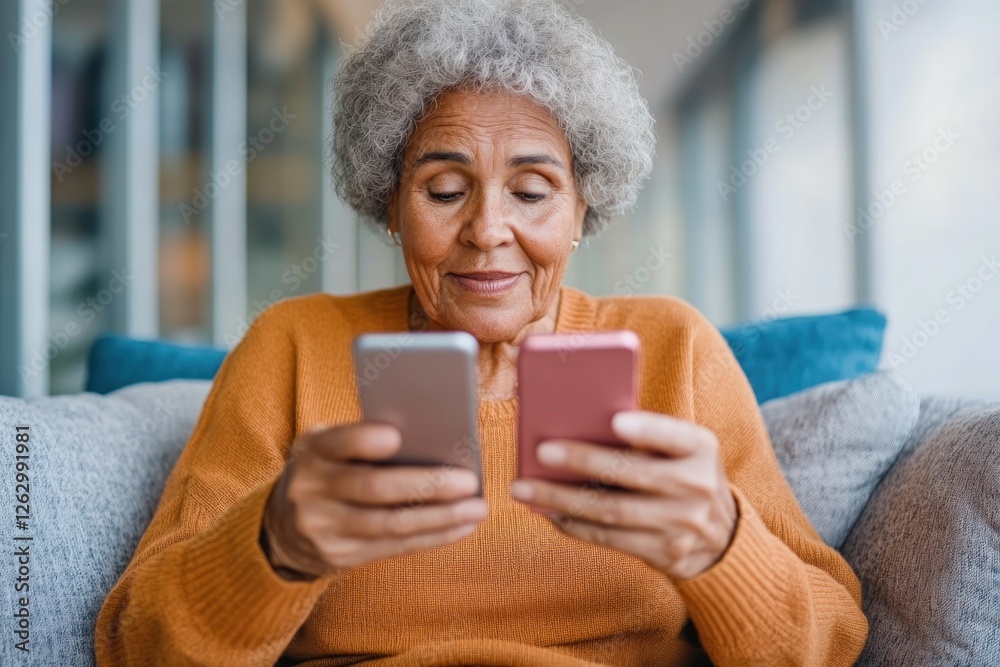Discover the ease of online shopping with this heartwarming image featuring an Older woman sitting on couch, using smartphone for online shopping Witness the joy of technology as she browses deals Discover the ease of online shopping with this heartwarming image featuring an Older woman sitting on couch, using smartphone for online shopping Witness the joy of technology as she browses deals